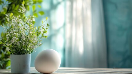 Serene Spring Still Life: White Egg and Delicate Blooms