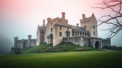 Irish castle bathed in soft cinematic haze with a warm terracotta and cool teal color palette