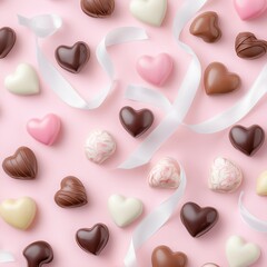 Heart-shaped assorted chocolates on pink background