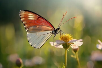 Obraz premium Elegant butterfly with translucent wings and red tips perched on a delicate wildflower, bathed in soft sunlight in a lush green meadow, a natural beauty.