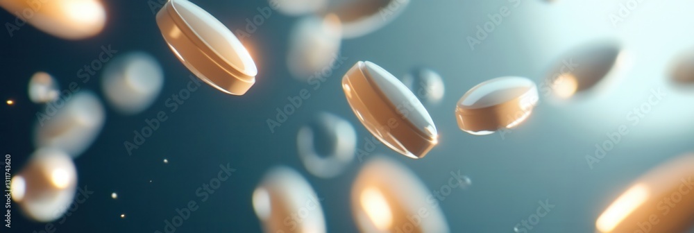 Poster floating pills suspended in zero gravity with soft shadows and cinematic lighting for an abstract me