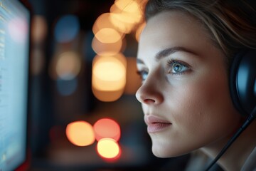 A female emergency call operator intently monitors her computer screen as an urgent fire call is received in the dimly lit dispatch center, illuminated by reflections of emergency lights