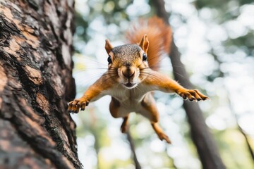 Obraz premium A squirrel jumps with open paws toward the viewer, against a blurred forest background, showcasing wildlife, agility, and a unique perspective on animal behavior.