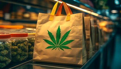 Cannabis bags in dispensary, background with products