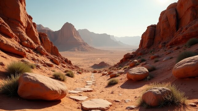 A sun-drenched path winds through a breathtaking desert canyon, flanked by ancient sandstone formations, leading towards a vast, expansive panorama