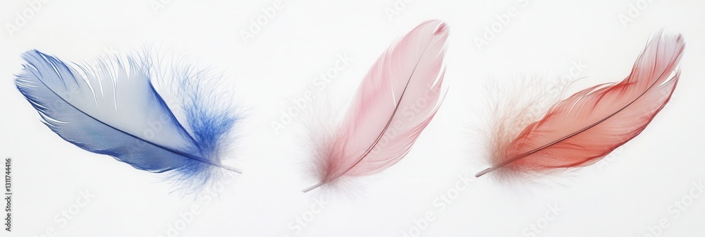 Poster soft floating feathers creating a serene and dreamlike atmosphere against a white background highlig