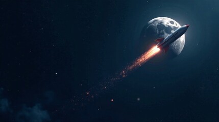 A powerful rocket ascends into the vast expanse of space, leaving a fiery trail against the backdrop of a celestial body.