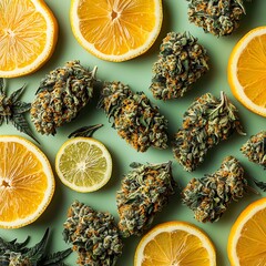 Cannabis buds and lemon slices on a green background