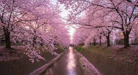 Naklejka premium Serene cherry blossom pathway along a quiet urban canal at sunset