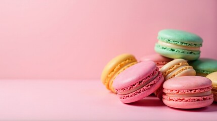 A delightful assortment of pastel-colored macarons, delicately arranged on a soft pink background, creating a visually appealing and tempting image perfect for showcasing sweet treats.