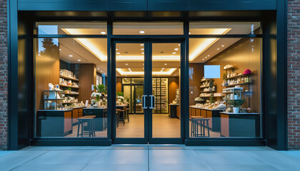 Modern gift shop interior with organized displays and elegant decor lit by warm light