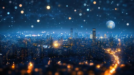 Fototapeta premium Night Cityscape Underneath a Starry Sky and a Full Moon