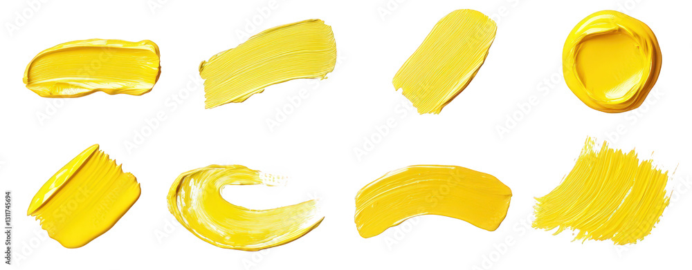 Poster various strokes of yellow paint on a white background. showcasing different textures and application
