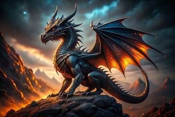 Vintage Black Dragon on Volcanic Rock - Fantasy Creature PNG Cutout