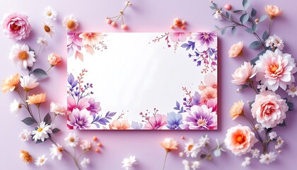 Floral Frame Design with Pastel Flowers on Light Purple Background