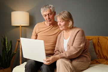 In a warm, softly lit living room, an elderly couple sits close together on a couch, focused on a...