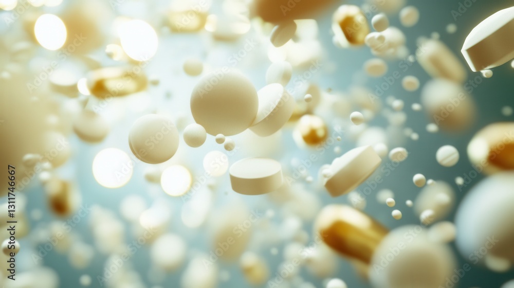 Fototapete Floating pills in zero gravity with soft shadows and cinematic lighting create an abstract representation of the medical theme