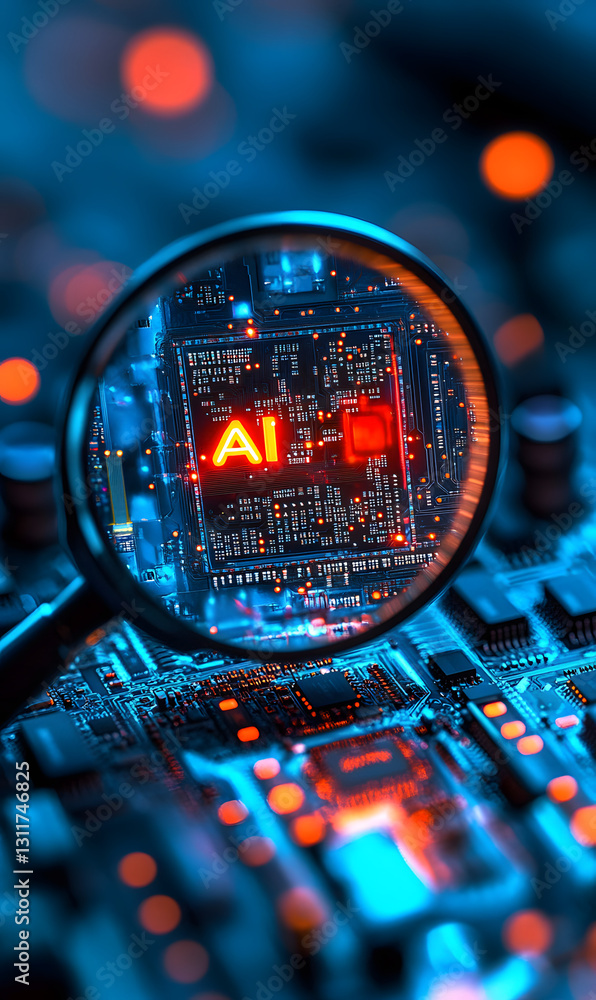 Poster magnifying glass by dedicated ai microchip over circuit board, artificial intelligence and gpu cloud