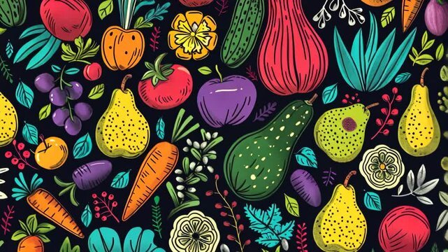 whimsical stylish pattern with fun fruits and vegetables on a vibrant background