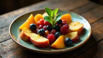 A vibrant medley of sliced peaches and assorted berries, artfully arranged on a rustic teal plate, garnished with fresh mint sprigs.