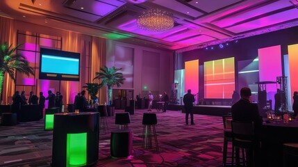 Creative business event, bold branding, vibrant lighting, and innovative product displays