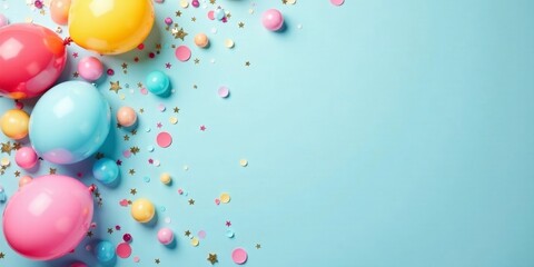 A delightful array of pastel balloons and confetti, scattered across a light blue background, creates a festive and cheerful scene perfect for celebratory occasions