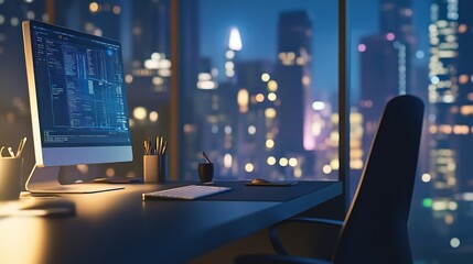 Coding at Night Computer Desk View with City Skyline Background