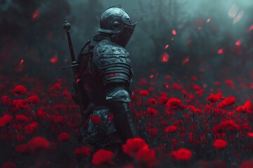 Naklejka premium Knight Among Poppies: A lone knight in full armor stands amidst a sea of vibrant red poppies, his sword sheathed at his back, a haunting and dramatic scene of solitude and reflection.
