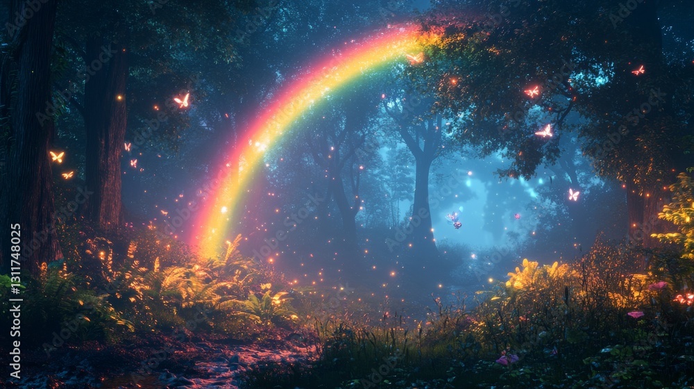 Poster a magical forest scene with a vibrant rainbow arching across a lush green landscape, surrounded by g