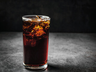 Cola soft drink with ice cubes, soda pop fizzy drink in Cold glass on gray background