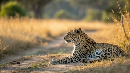 Leopard resting in a sunny clearing with a blurred background, rest position, leopard, woodland scene