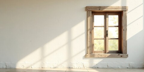 Obraz premium Rustic Wooden Window Frame Illuminates a Simple Interior Space with Soft Sunlight Casting Shadows on a Light-Colored Wall