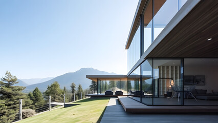 Minimalist Home Featuring Large Glass Windows and Natural Light PNG