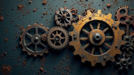 Fototapeta premium Rustic Industrial Gears and Cogwheels Intermeshed on a Dark Surface with Scattered Brown Dust