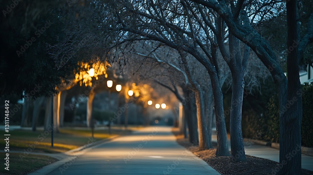 Poster twilight path lined with trees and lampposts.