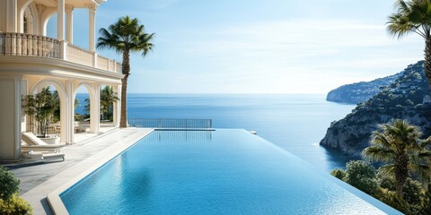 Fototapeta premium Stunning villa with a private pool and palm trees, overlooking the breathtaking Mediterranean Sea.