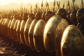 Ancient Army in Formation: A disciplined ancient army stands in formation, shields locked, spears raised, ready for battle. The scene is bathed in a golden light.