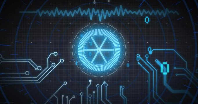 Futuristic digital interface with circuit patterns and binary code animation