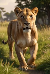 Obraz premium Lioness's agile body twists and turns through the grass , animal, turn, nature