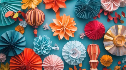 Creative origami decor for New Year, with colorful folded flowers, lanterns, and intricate shapes