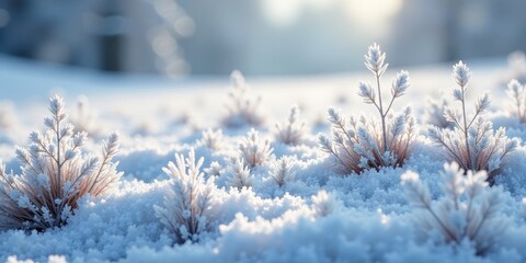 A serene winter landscape showcasing delicate frost-covered plants emerging from a pristine blanket of snow, bathed in the soft glow of the morning sun.