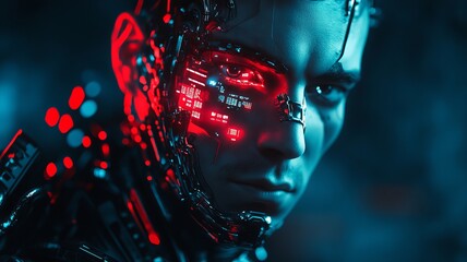 sci-fi soldier with mechanical arms and digital battle display