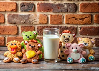 Vintage Brick Wall Background with Cute Animal Shaped Cookies and Milk