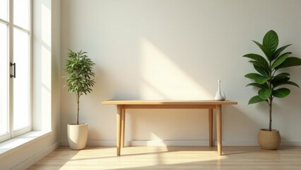 Minimalist Interior Design Sunlight Illuminates a Light Wood Table Flanked by Potted Plants in a Modern Room with a Large Window