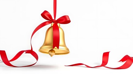  Classic Golden Christmas Bell with Red Ribbon, Isolated on White Background, 3D Render for a Festive and Elegant Feel