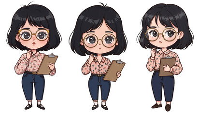 Three Cute Cartoon Characters Holding Clipboards, Ready for Work isolated on white or transparent png background