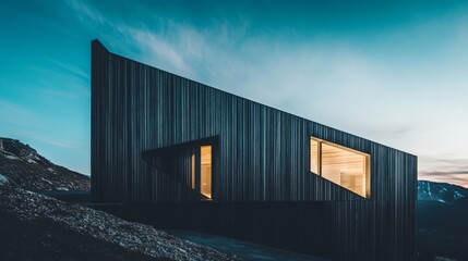 Obraz premium In this modernist dark brown mountain house, the interior design is full of simple and sophisticated beauty, creating a warm and comfortable atmosphere to feel peaceful and elegant life.