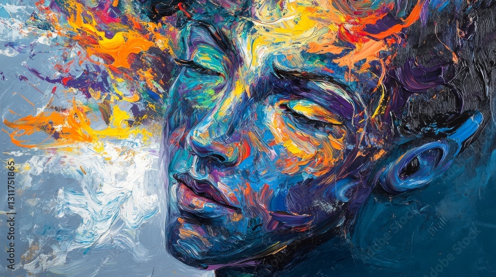 Poster a dynamic abstract portrait featuring bold swirling colors and expressive brushstrokes, capturing in