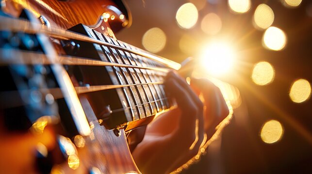 Jazz Appreciation Month Concept. Close-Up of Guitar Strings with Bokeh Lights Effect
