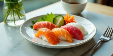 A delectable arrangement of sushi featuring vibrant hues of salmon and tuna, artfully presented on an elegant white plate with garnishes, ready to be enjoyed.